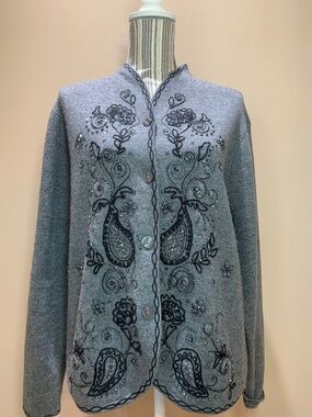 Talbots Gray Embroidered Beaded Jacket Size L